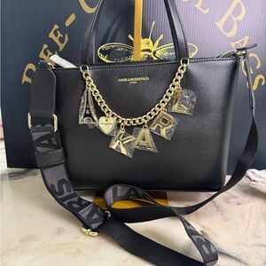 NWT Karl Lagerfeld Paris Black Leather Tote Crossbody Gold Charm Chain